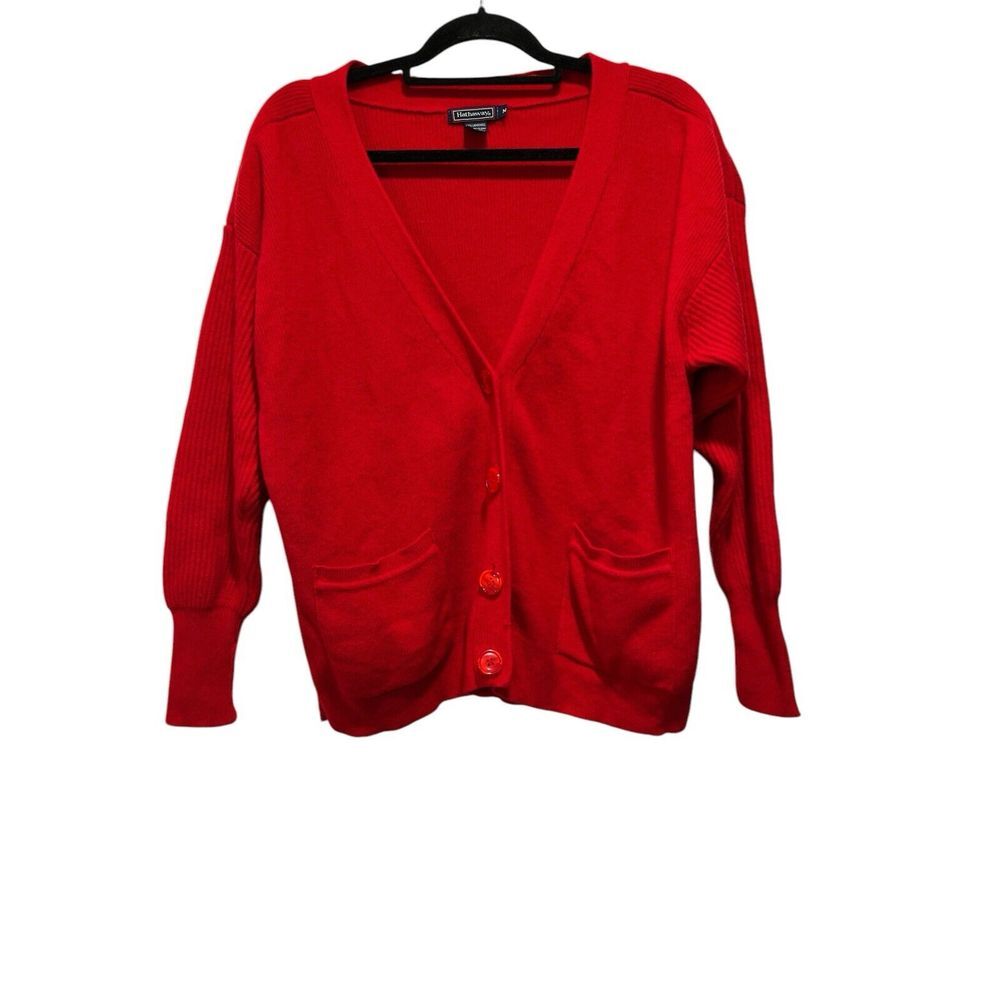 Womens hathaway Red 100% Lambs Wool Cardigan Pocket Sweater Ribbed Vintage M‎